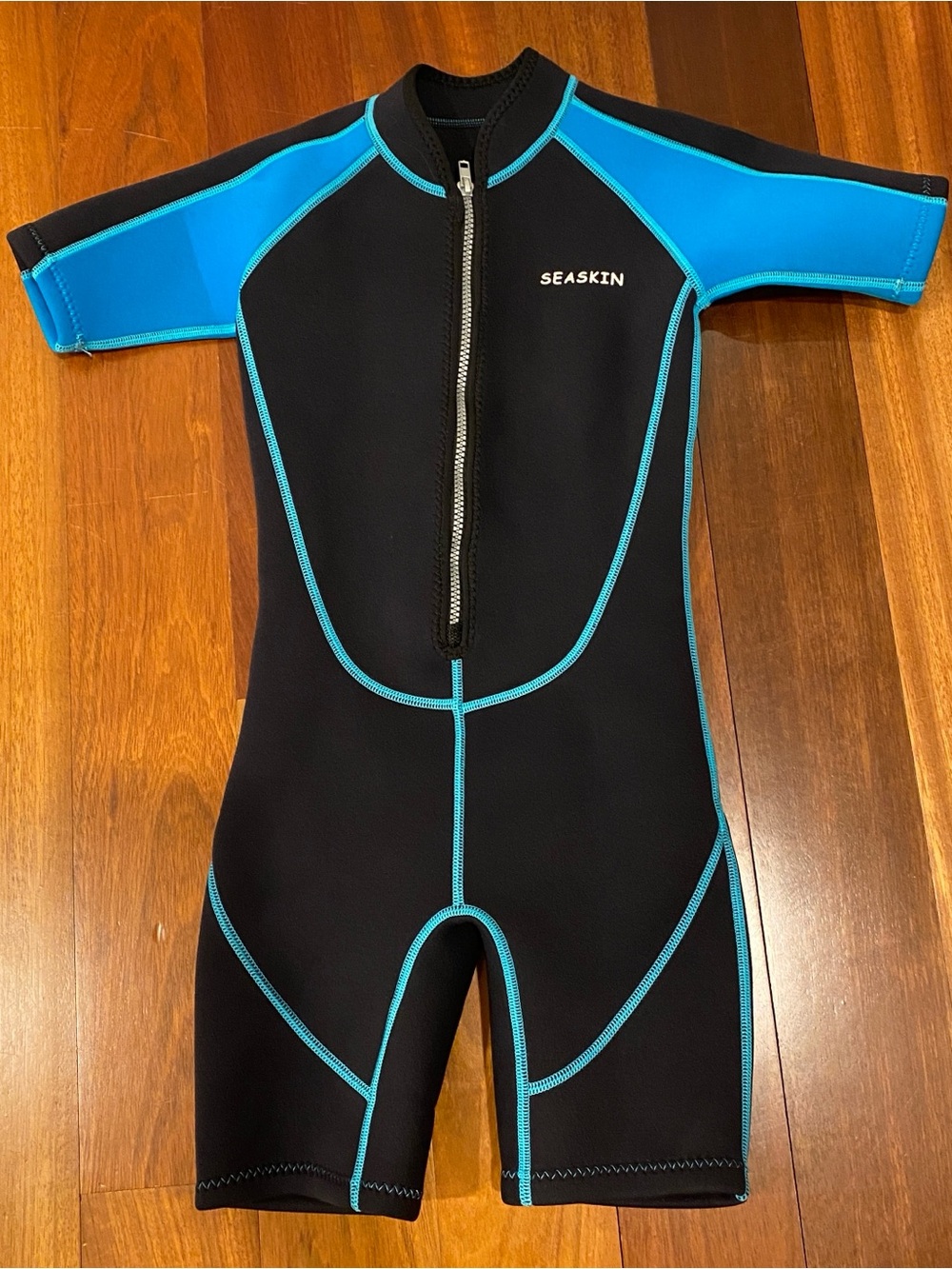 Seaskin Kids Short Sleeve One-Piece Wetsuit in Black & Aqua Seaskin